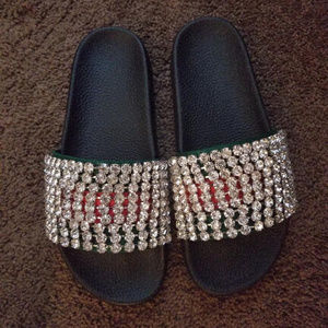Gucci Crystal-embellished leather rubber slides